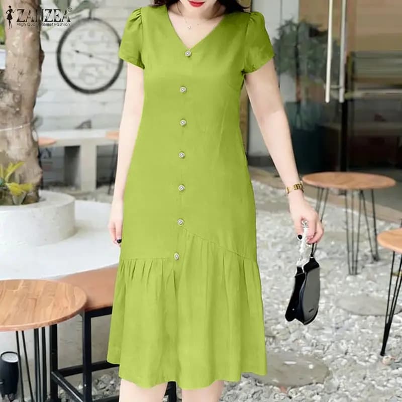 ZANZEA Abiti midi casual da donna per l'estate, con scollo a V, maniche corte a sbuffo, vita elasticizzata, orlo asimmetrico con volant, Robes Femme