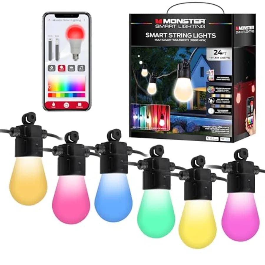 Luci a Stringa Smart RGB+IC+WW da Esterno da 24 Piedi, 12 Lampadine a LED Dimmerabili con Effetto Flusso Colore, Reattive al Suono, Resistenti all'Acqua e alle Intemperie