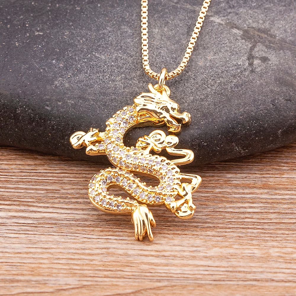 Nidin Mascot Dragon Pendant Jewelry Micro Pave Zircon Necklaces Women Men Gold Color Long Chain Ornaments Lucky Symbol Gifts
