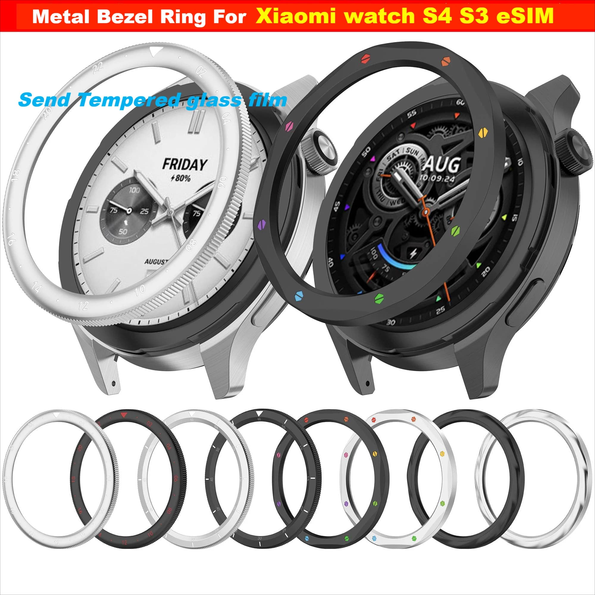 Anello con castone in metallo per Xiaomi Watch S4 S3 anello con castone cassa per orologio con pellicola temperata per xiaomi Watch S4 S3 protezione schermo eSIM