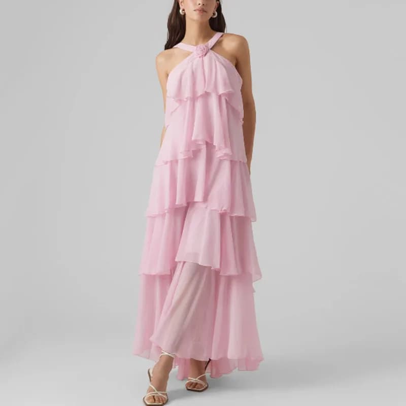 Abiti da donna a strati con volant Estate femminile elegante chiffon senza schienale senza maniche soffice abito lungo tinta unita abiti da spiaggia da donna