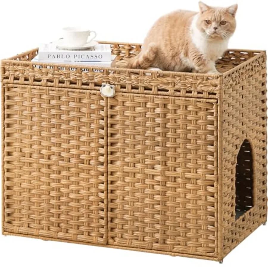 Mobiletto per lettiera per gatti in rattan intrecciato a mano, lettiera nascosta con tappetino, casetta per gatti spaziosa con 2 ganci a S, 30.3