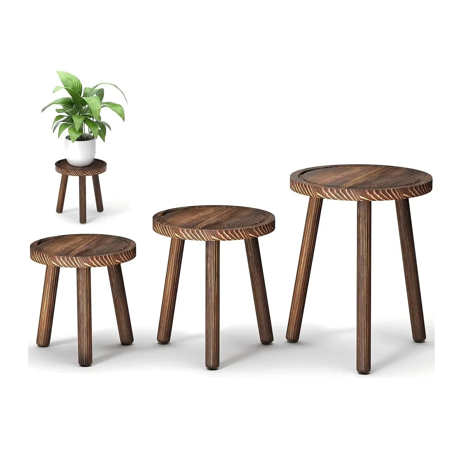 3Pcs Wooden Plant Stand Set Indoor Tall Flower Pot Holder Display Rack Mid-Century Modern Wood Plant Stool for 6-12 Inch Large Potted Plants Heavy Duty Shelf for Home Decor Living Room Balcony Office
