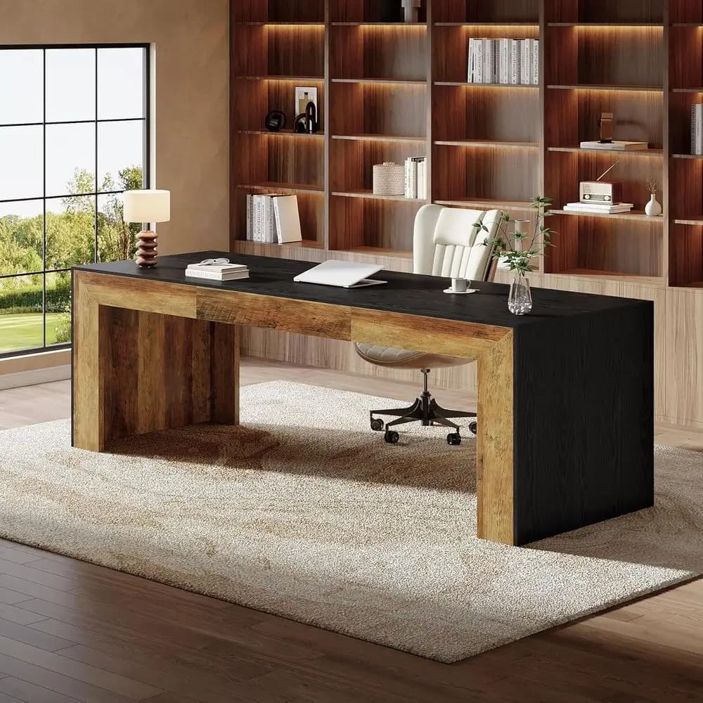 Scrivania direzionale per doppia persona, lunga 78,7, piano e gambe in legno, grande tavolo da gioco/postazione di lavoro, resistente, nero e marrone
