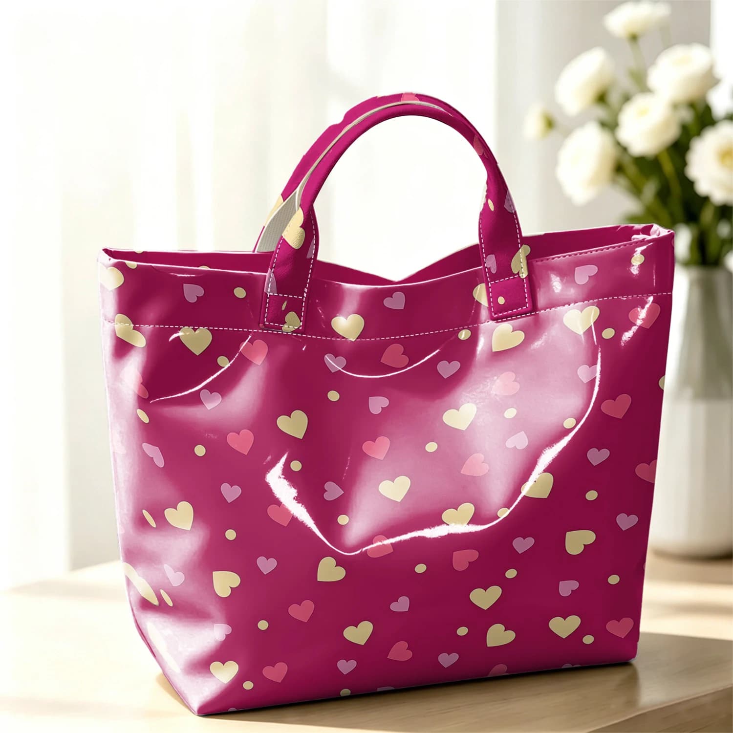 Fuchsia Multi-Color Heart Stylish Large Glossy PVC Tote Bag Washable Waterproof Durable for Travel Commute Cosmetics Handbags