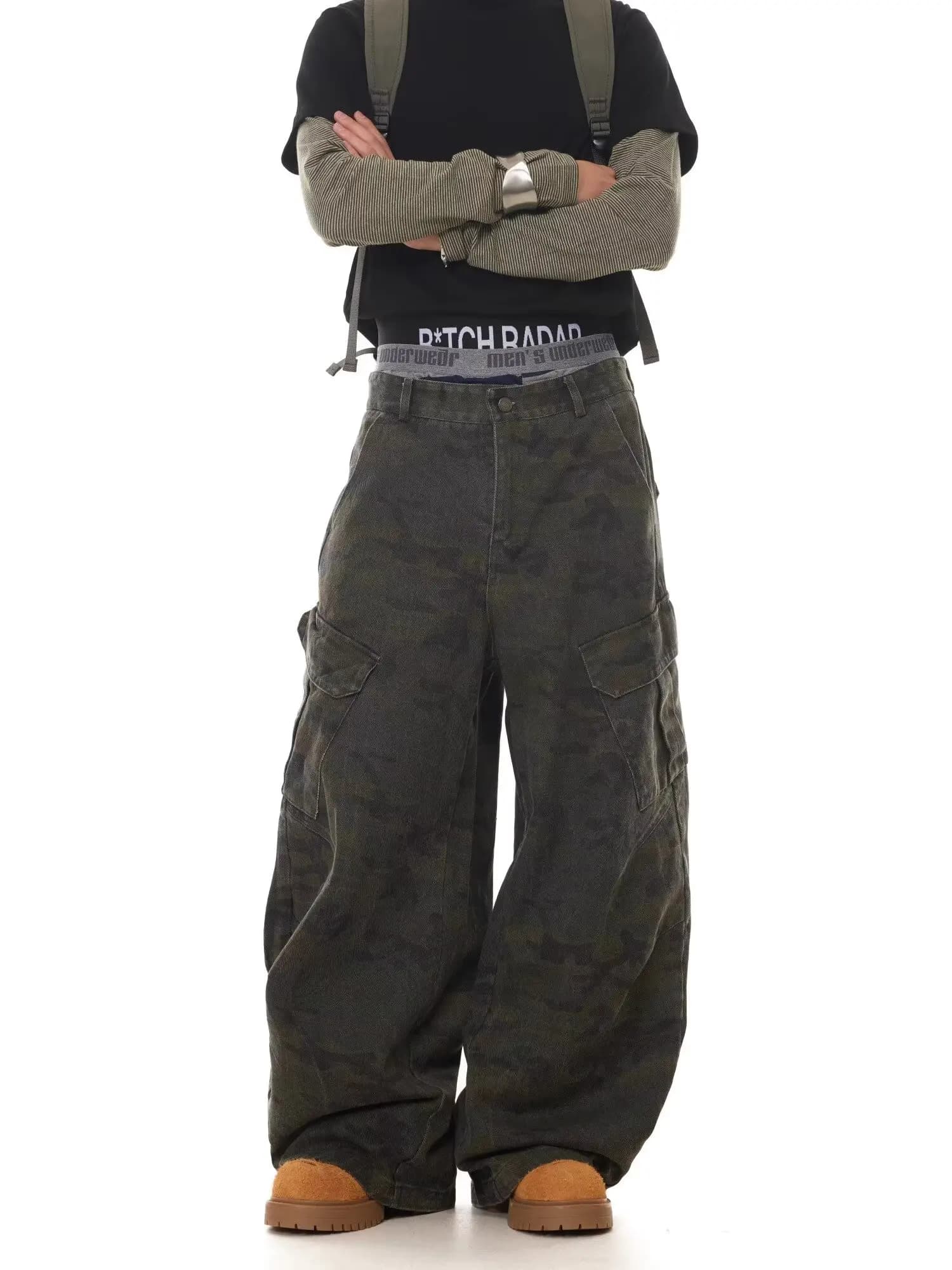American Retro Multi-tasca Camouflage Silhouette Scimitar Jeans Nicchia Baggy a gamba larga Falce Pantaloni casual Felpe con cappuccio Abbigliamento da uomo
