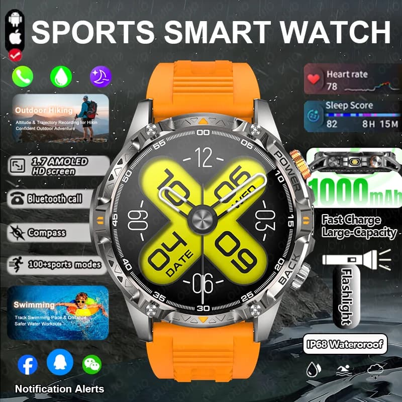 2026 GPS Men's Outdoor Smart Watch LED Flashlight IP68 Waterproof 1.7-inch AI Voice Bluetooth Call 100+ Sports Modes Smart Watch