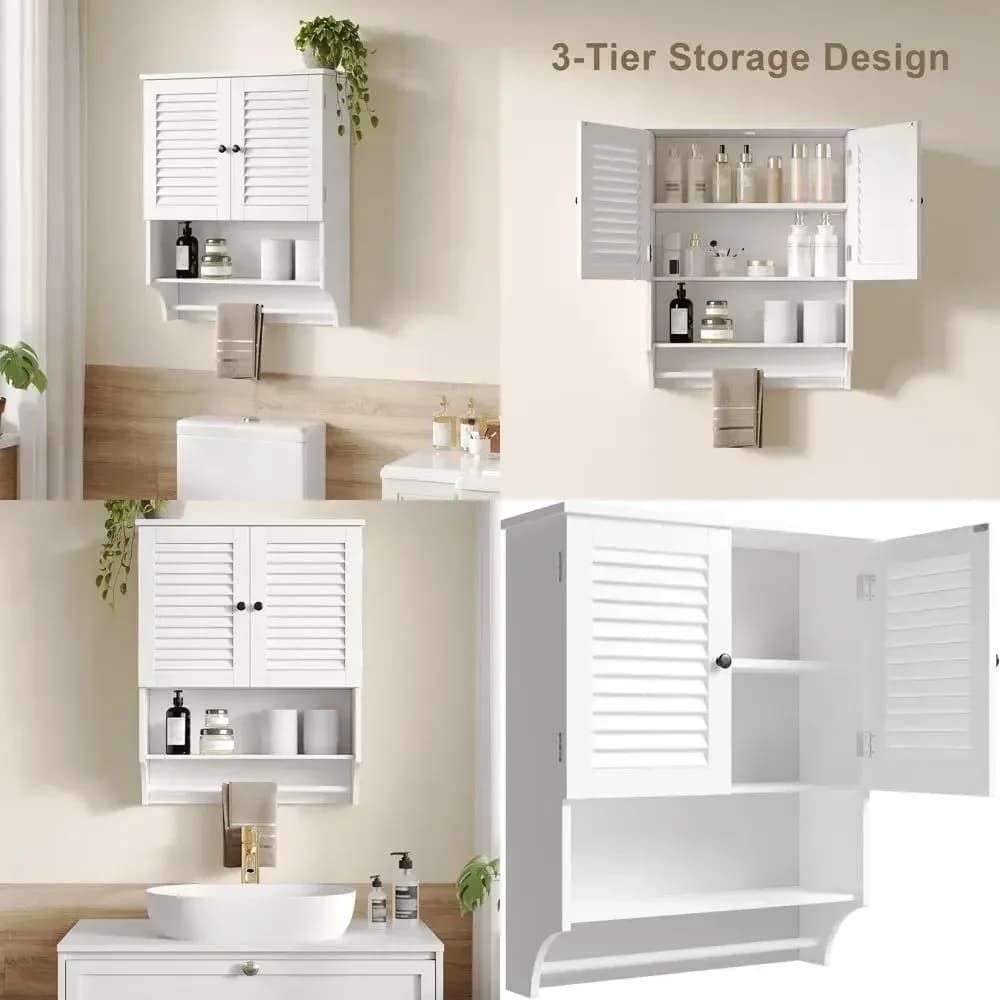 Armadietto da parete bianco per bagno con portasciugamani, 23,6 L x 8,8 L x 29,5 A, da montare a parete