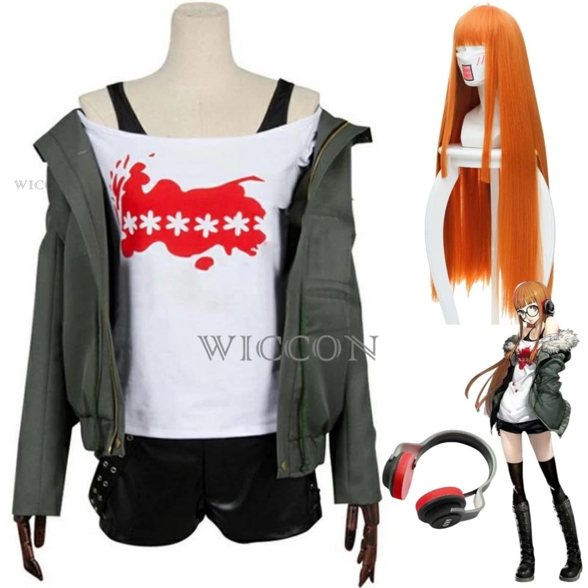 Costume Cosplay Futaba Sakura con Parrucca, Set Completo con Giacca Casual, Auricolari, Uniforme per Feste di Halloween per Donne