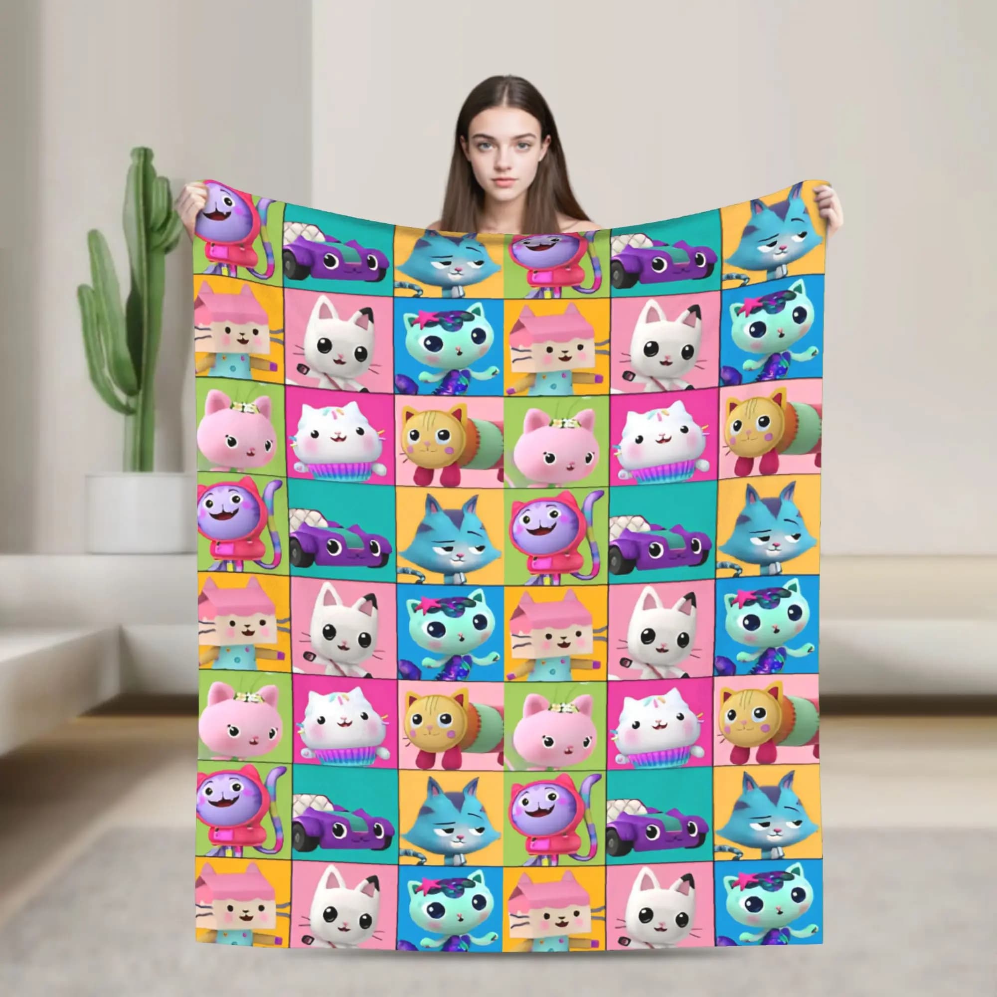 Cartoon Cute Gabby Dollhous Flannel Blanket Soft Throw Blanket for Bedroom Camping Fluffy Bedspread Sofa Bed Cover