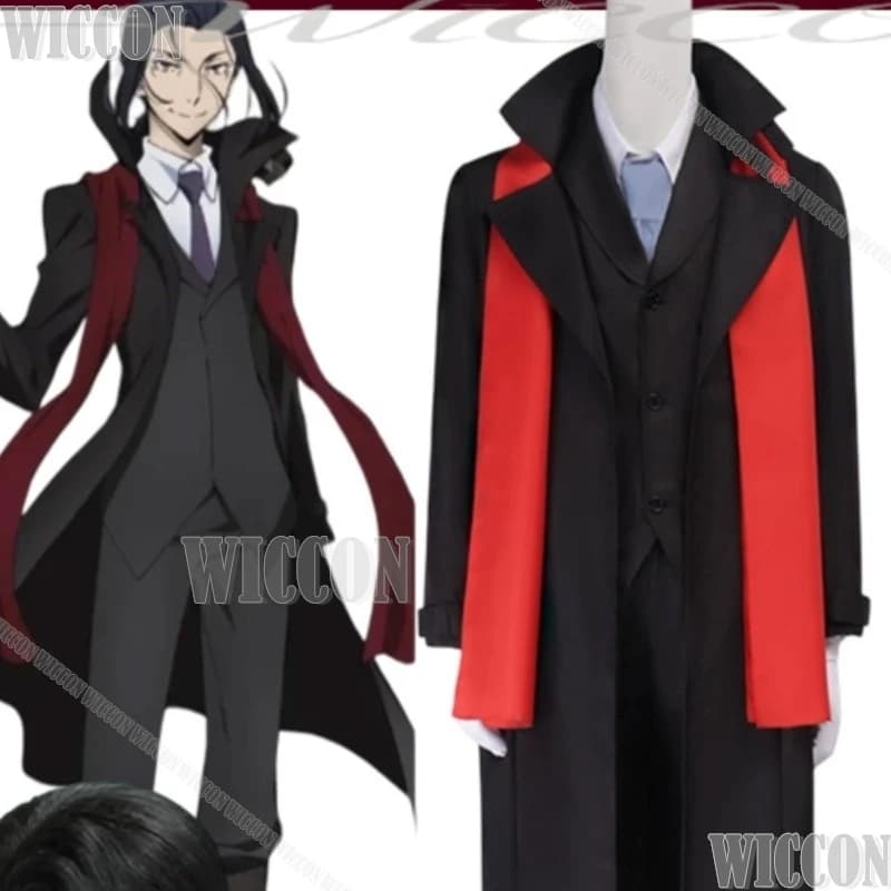 Mori Ogai Cosplay Anime Dogcostume Handsome Black Suit Coat Pant Vest Tie Red Scarf Wig Halloween Christmas Navidad Carnaval