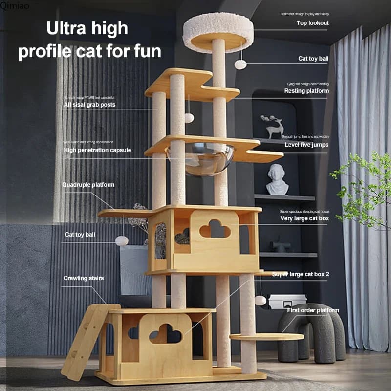 Tower with deck for jumping with sisal rope column for cats, space module for racks for pets, climbing structure for cats in solid wood