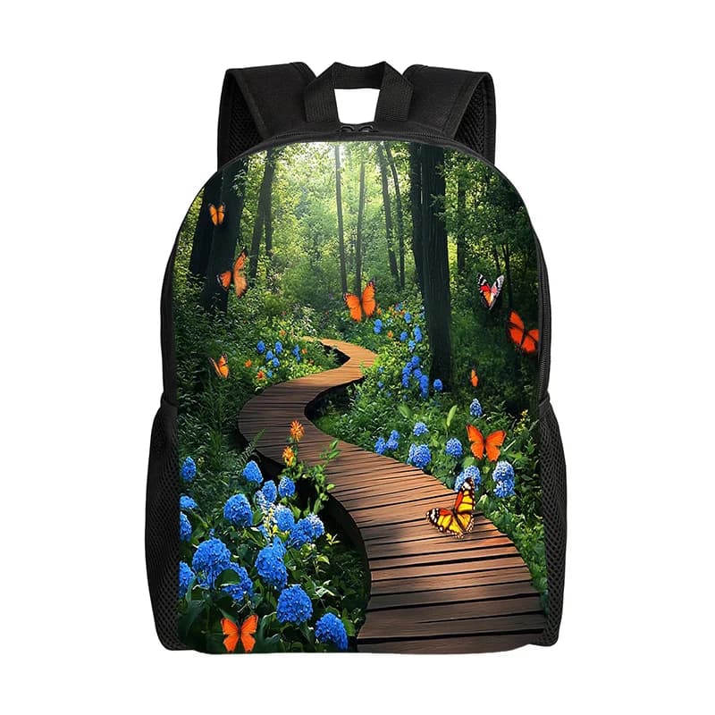 Theme backpack nature with floral print and butterflies - Daily light polyester backpack, adjustable shoulder strap, zip closure
