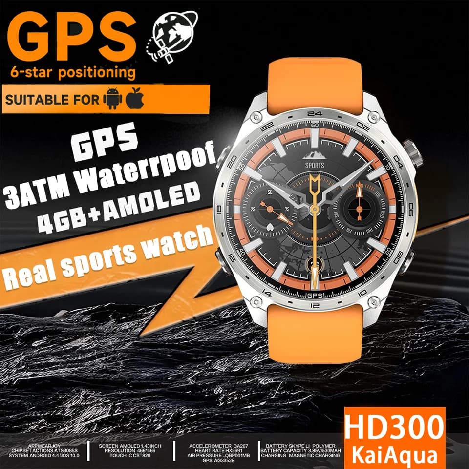 Orologio intelligente originale AMOLED HD300 Pro GPS Track Mappa offline 4 GB RAM Registratore Torcia Sport all'aria aperta Barometro Bussola di altitudine