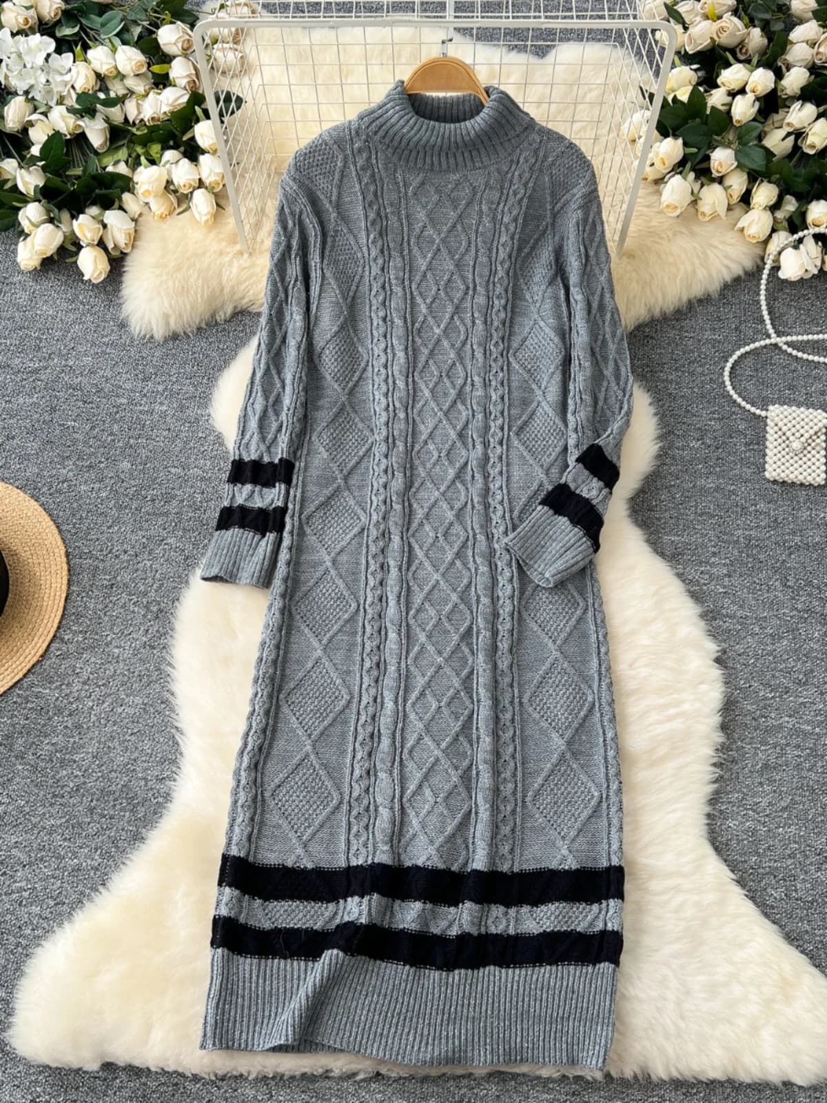 Korean Style Lazy Knitted Sweater Dress Women's Loose Slimming Over-Knee Inner Wear A-Line Midi Dress Autumn Winter Fashion