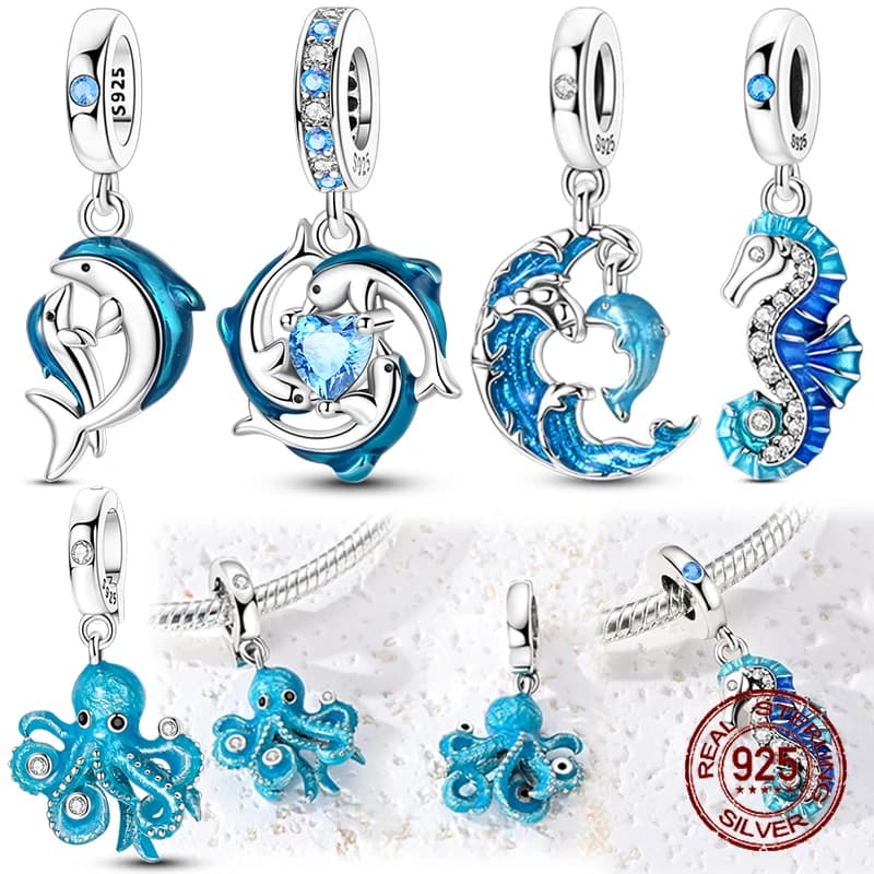 Ciondoli a forma di animali marini in argento sterling 925: delfino blu, cavalluccio marino, polpo. Adatti per bracciali, gioielli fai da te, regalo per donne e ragazze.