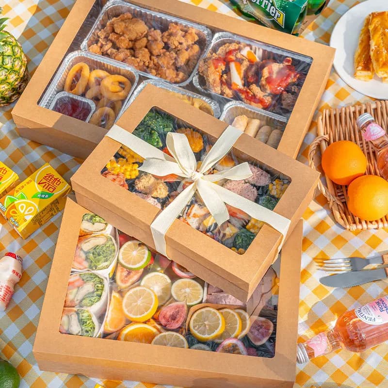 Scatola per pasti in carta Kraft, strumenti di imballaggio usa e getta per picnic, scatole per sushi da campeggio, contenitore rettangolare per insalata di frutta di grandi dimensioni