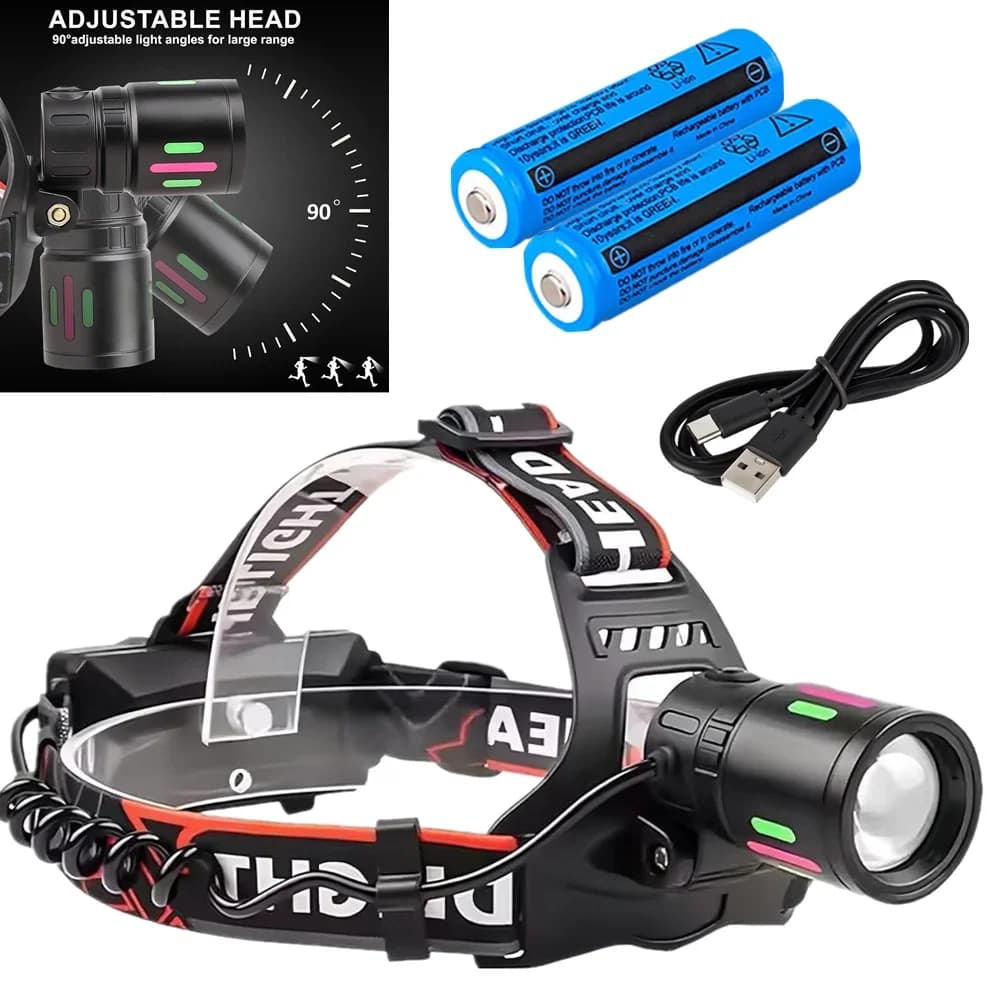 Lampada Frontale LED Ricaricabile USB a 3 Modalità, Zoom Regolabile, per Campeggio, Escursionismo e Lavoro