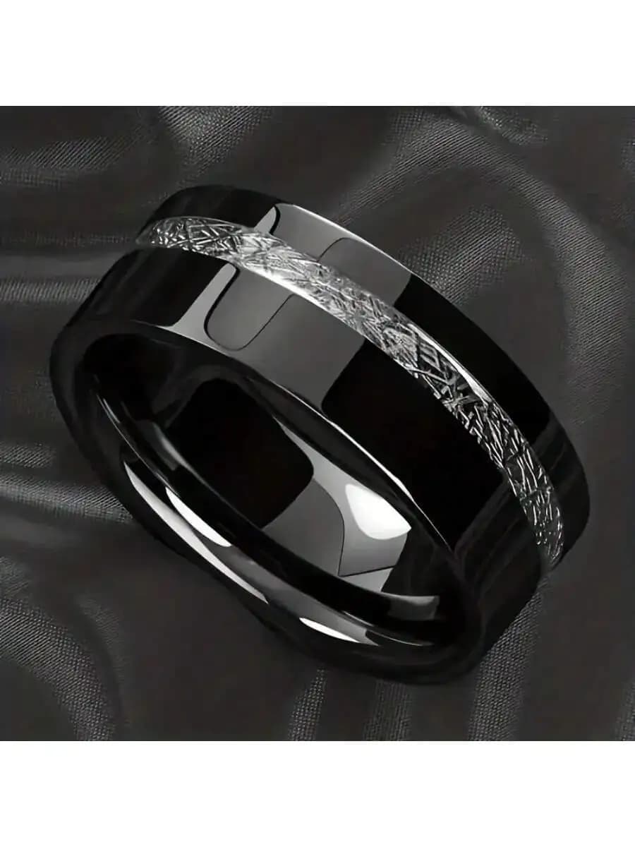 Anello in acciaio inossidabile nero lucido da 8 mm con intarsio in meteorite, tre opzioni di colore per fidanzamento o matrimonio