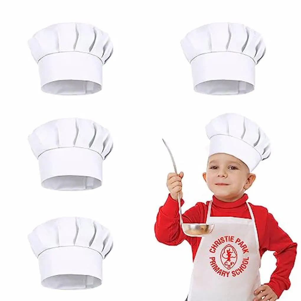 Set di 4 Cappelli da Cuoco per Bambini, Altezza 21cm, Bianchi, per Feste, Costume da Chef, Design a Fungo
