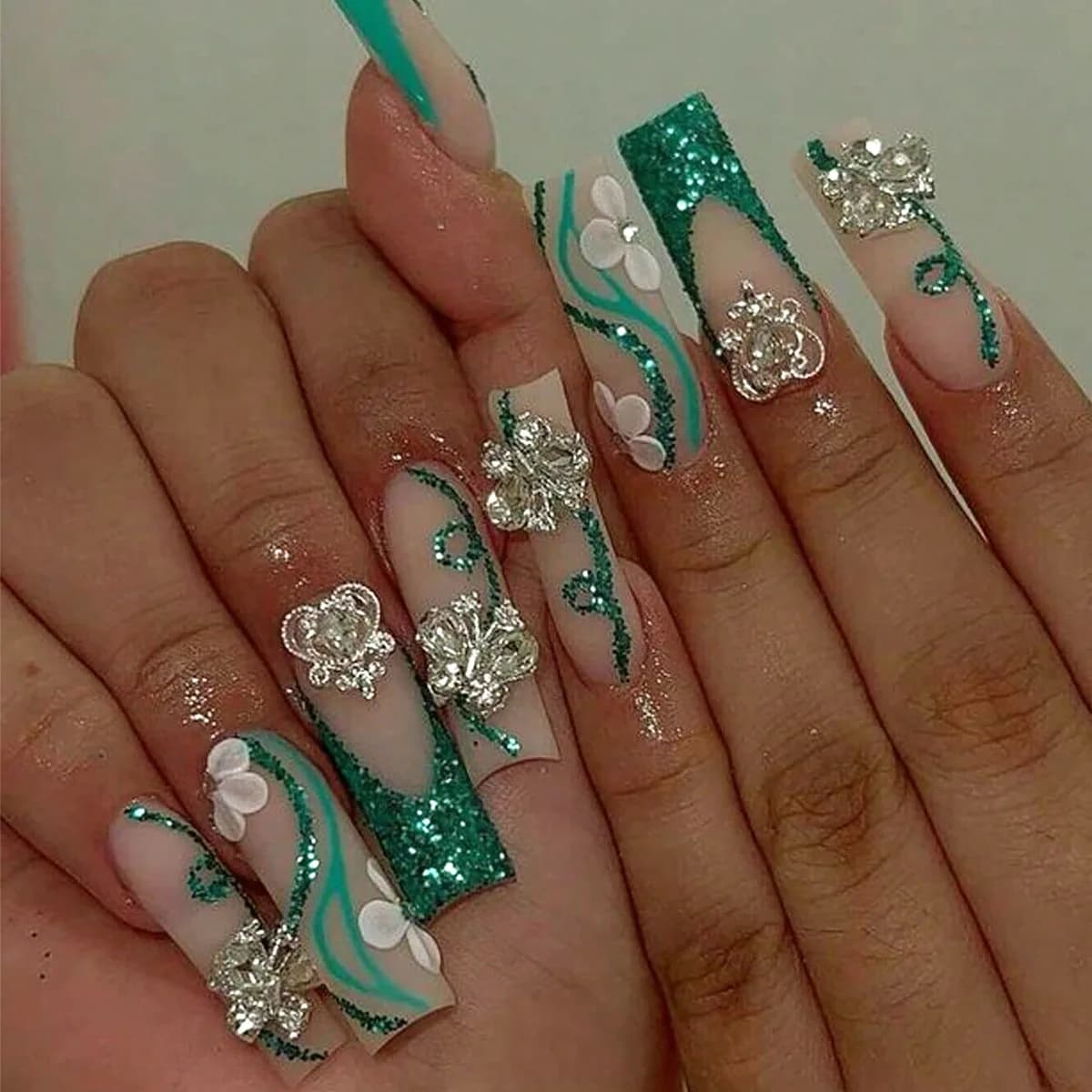 Long Coffin Press on Nails Ballerina fake nails polish on nails tip French green acrylic nails Bling Glitter artificial advice