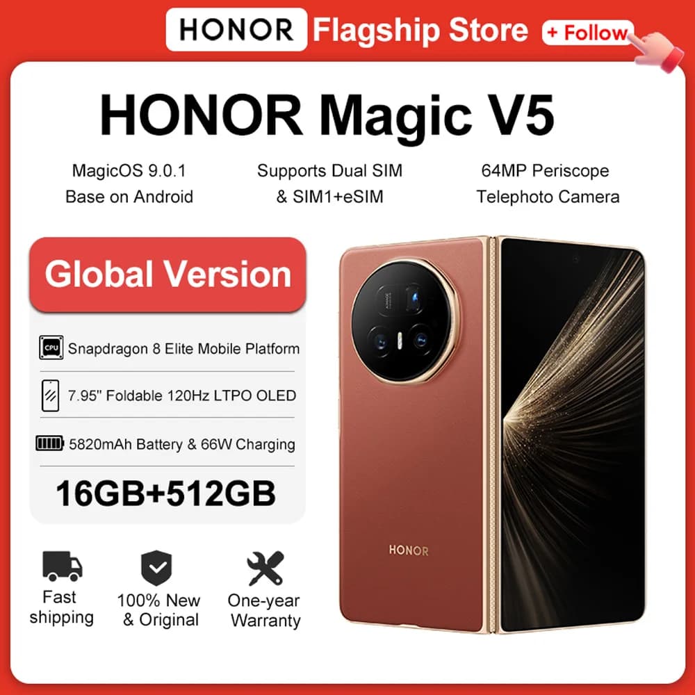 Versione Globale HONOR Magic V5 16GB+512GB Smartphone Pieghevole Snapdragon 8 Elite Display OLED da 7,95" Batteria da 5820mAh 66W NFC