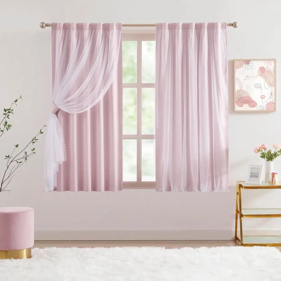 Dark Pink Curtains with Transparent Overlay, Set of 80 Double Layer Curtains for Girls Room Care