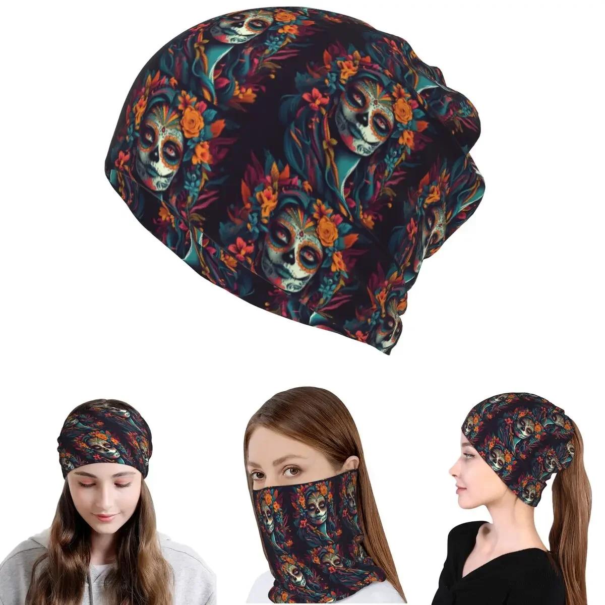 Mexican Catrina Girl Day Of The Dead Sugar Skull Bandana Neck Cover Wrap Mask Scarf Warm Headwear Beanies Hat for Men Women