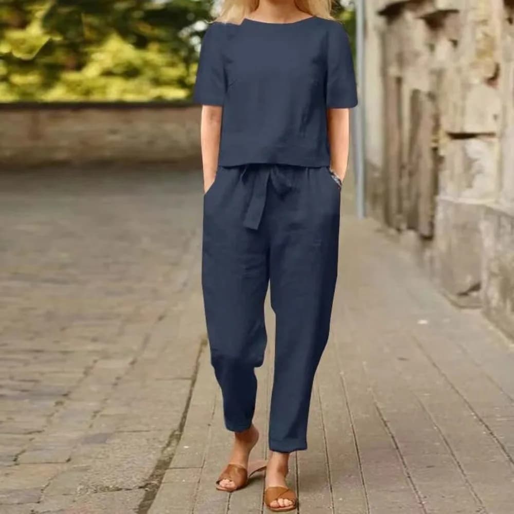 Retro Half-sleeved Women's Cotton Linen Suit Elastic Waist Round Neck Two-piece Set Pullover Wide-leg Top+Pants Casual Wear