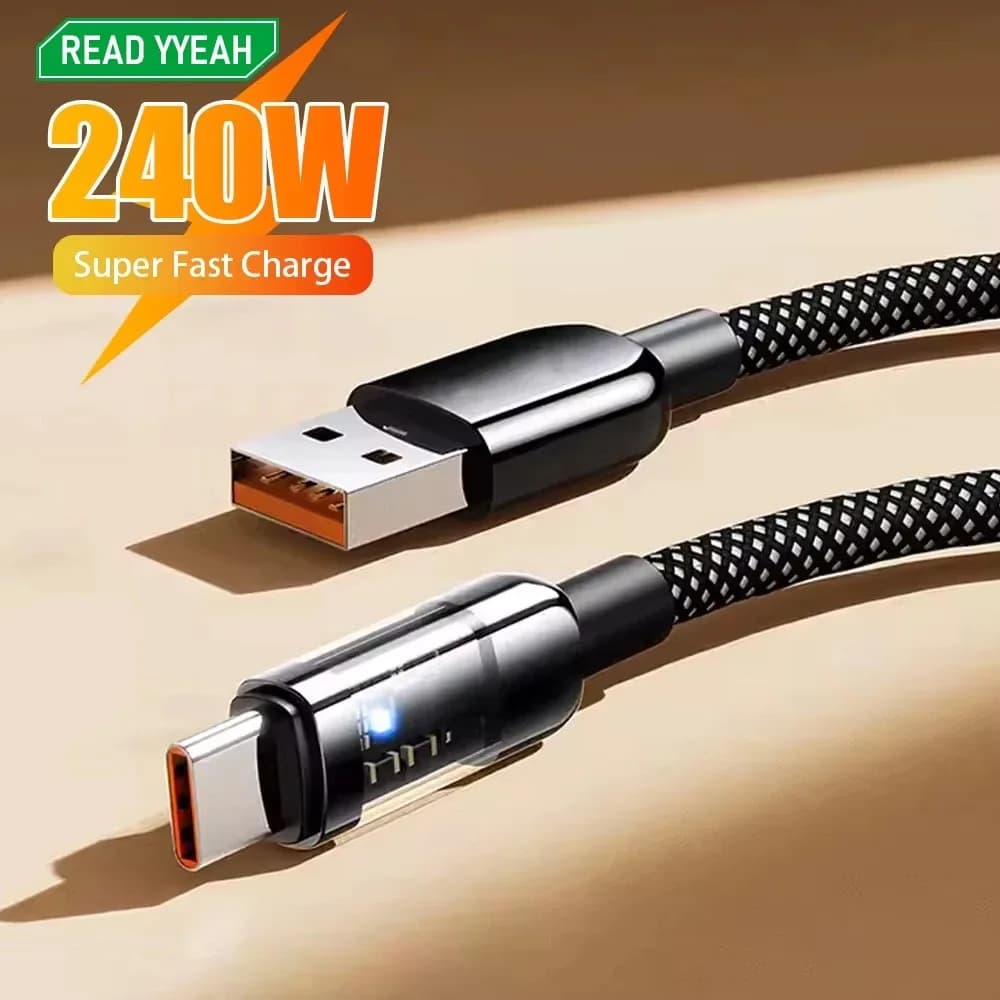 Linea di ricarica rapida da 240 W 10A Interfaccia USB A a tipo C Cavo di ricarica ad alta velocità di tipo C trasparente intrecciato in nylon per iPhone Samsung