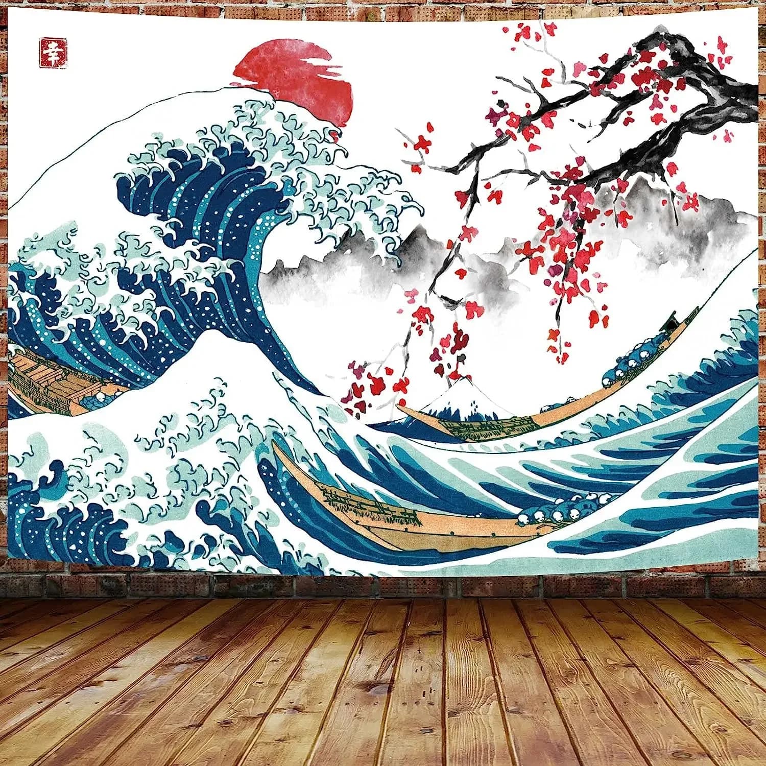 Pink Japanese Tapestry, Cool Ocean Wave Wall Tapestry, Asian Anime Mountain Red Sun Cherry Blossom Decorations Tapestry