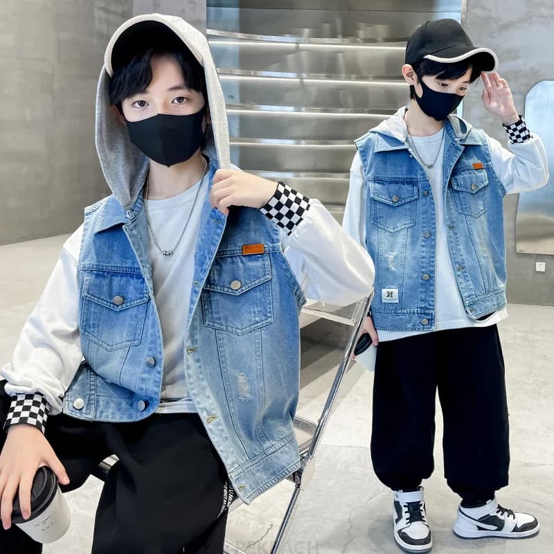 Moda Casual Abbigliamento per bambini Ragazzi Autunno Giacca di jeans senza maniche con cappuccio per bambini Gilet di jeans per adolescenti Gilet con cappuccio