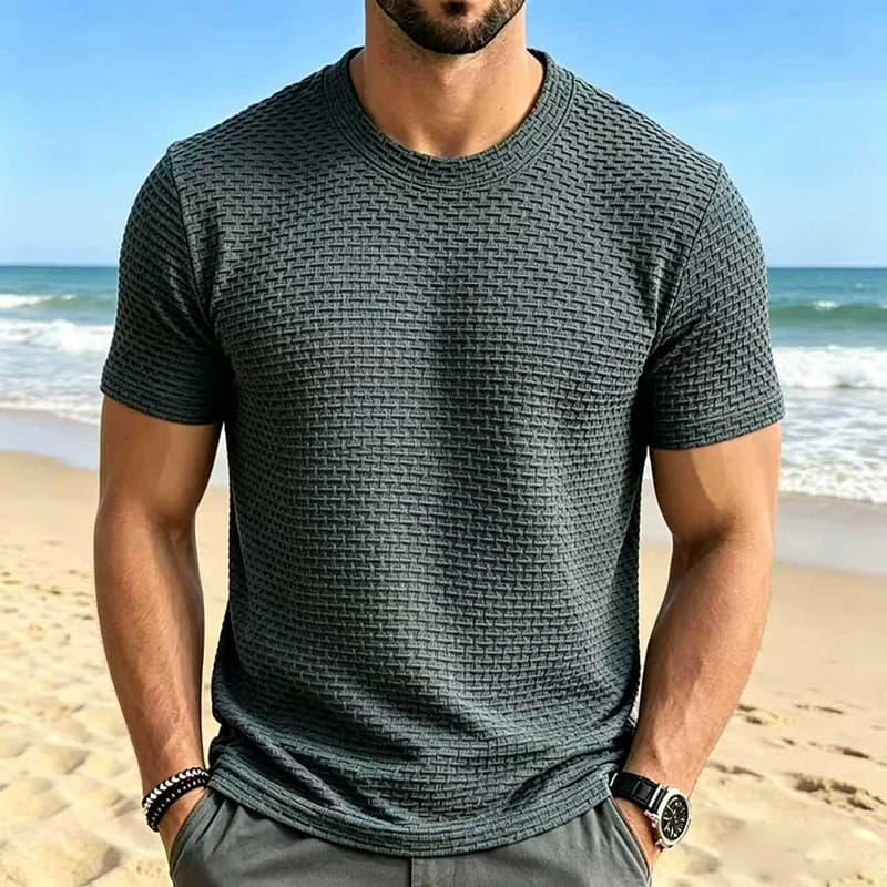 T-shirt da uomo di alta gamma in seta ghiaccio traforata, a maniche corte, girocollo, sottile, tinta unita, per l'estate, sportiva