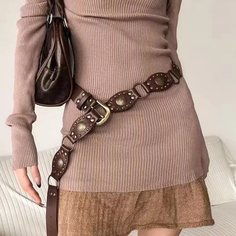 Mirad Retro Rivet Women's Belt Versatile Ethnic Style Dress Pants Belt Millennium Spicy Girl Design Belt