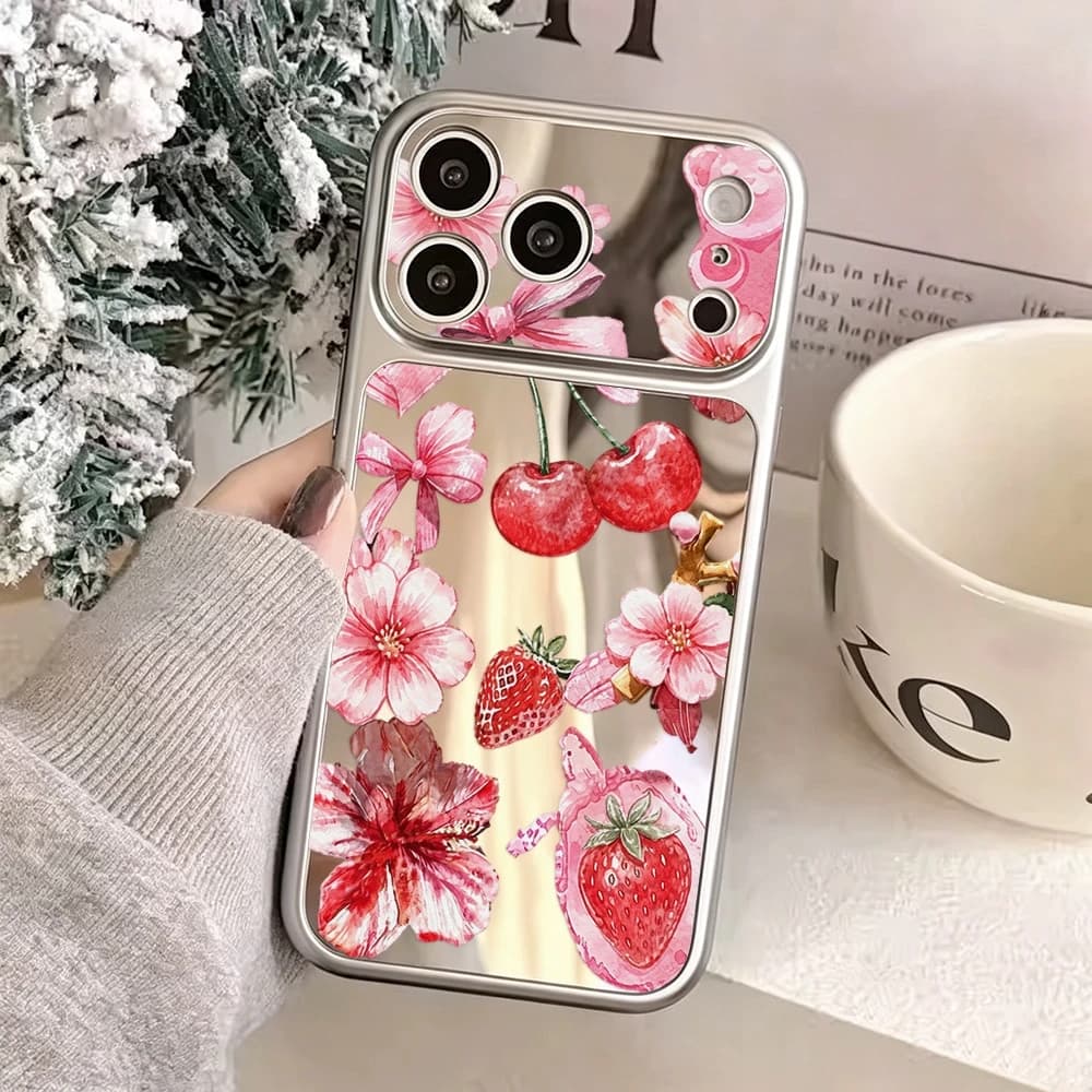 Cherry Flower Luxury Makeup Mirror Phone Case For iPhone 11 12 13 14 15 16 17 18 Pro Max Cover Large Window Lens Protect