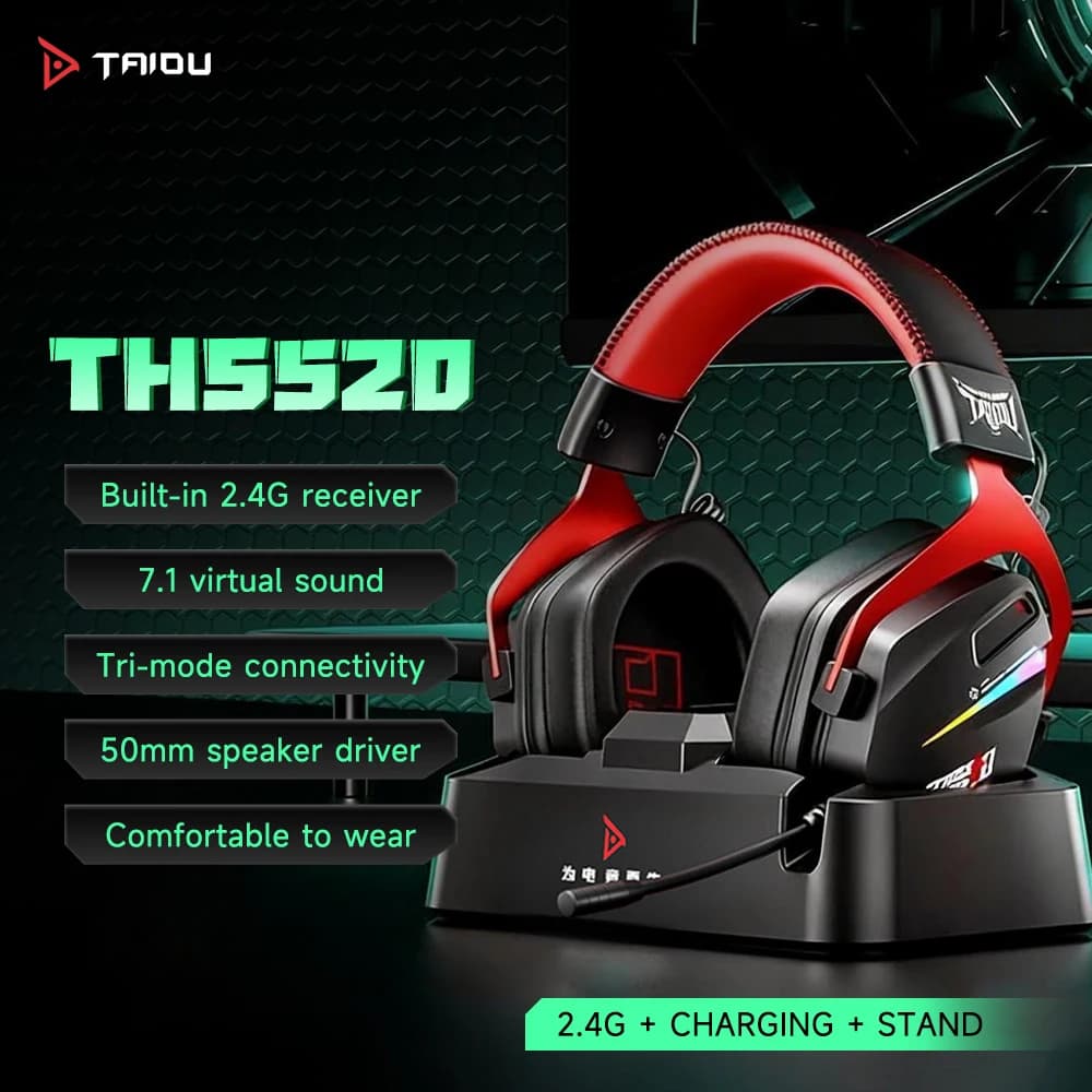 Cuffie da Gaming TAIDU THS520 con Base di Ricarica, Wireless 2.4G Bluetooth 5.3, Cuffie Cablate, Retroilluminazione RGB, Cancellazione del Rumore Mi