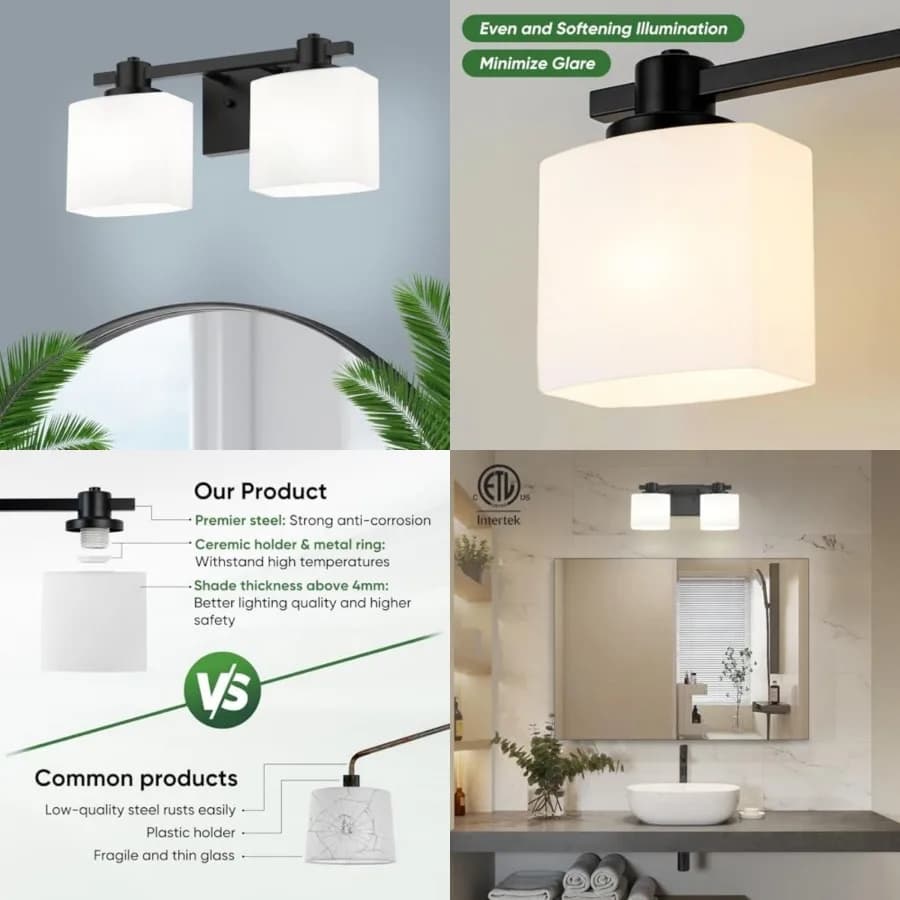 Lampada da Bagno Sopra Specchio a 2 Luci, Applique Moderna in Vetro Opaco per Trucco e Doccia, Stile Rustico Piccolo