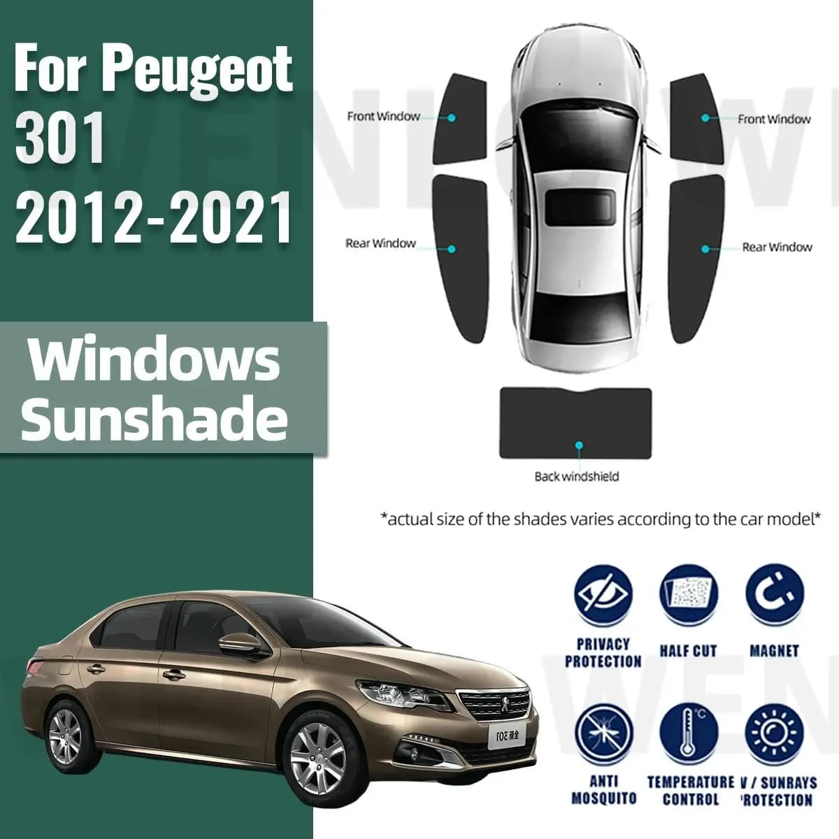Per Peugeot 301 2012-2023 IKCO Tara Parasole Magnetico per Auto, Tendina Parasole per Parabrezza Anteriore e Finestrini Laterali Posteriori