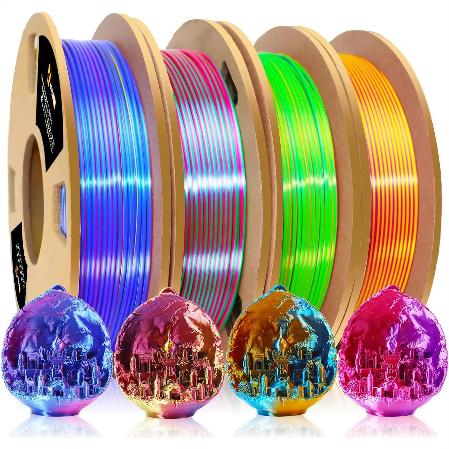 Filamento PLA 3D 1.75mm, Set Arcobaleno Tricolore in Seta PLA per Penna 3D, Precisione Dimensionale +/-0.02mm, 200g x 4 Bobine