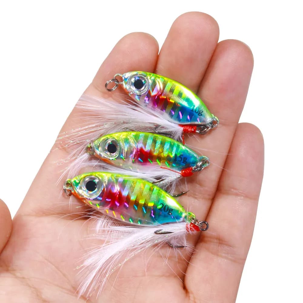 Esche artificiali in metallo per lancio lungo, jig affondanti da 9,4g/16g/21,3g con amo a piuma per la pesca di persici, trote e in acqua salata