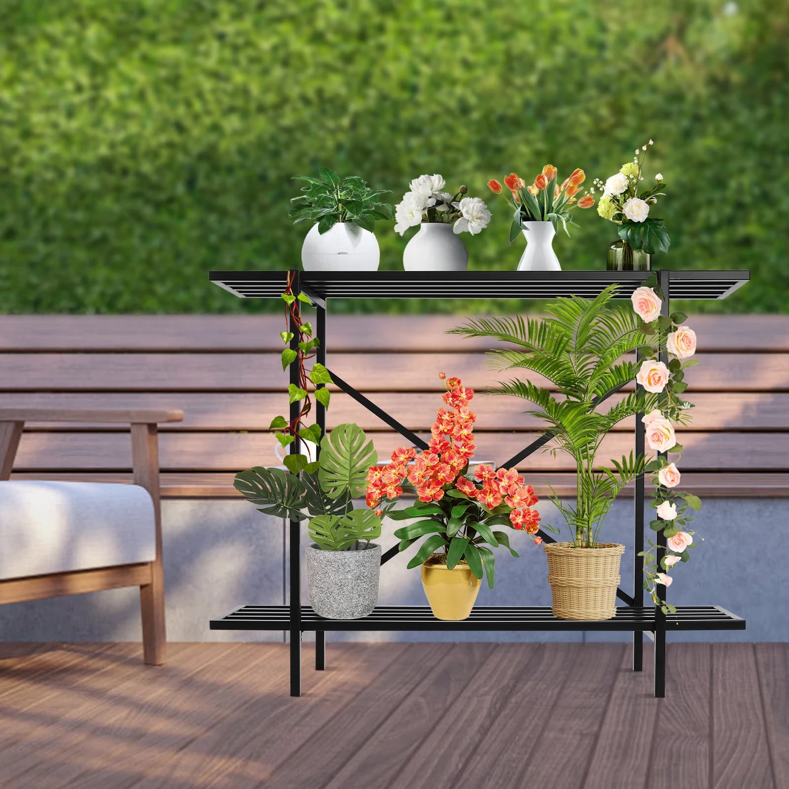 Supporto per piante in metallo a 2 livelli, scaffale per espositori per vasi da fiori da giardino per interni ed esterni per la decorazione domestica, robusta struttura in ferro nero