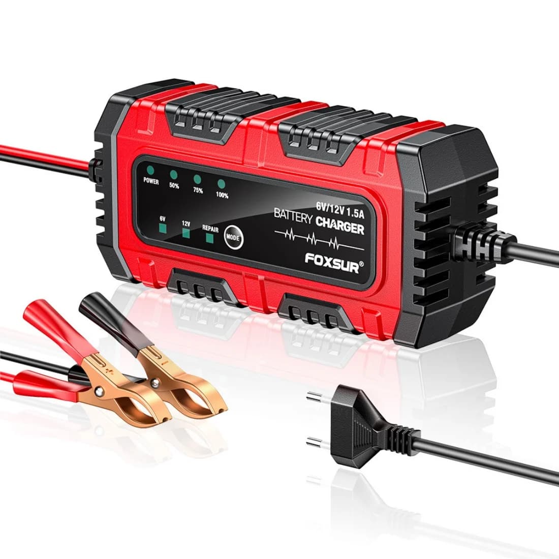 FOXSUR FBC061215E Caricabatterie Intelligente per Auto 6V 12V 1.5A, Supporta Caricabatterie Automatico a Mantenimento di Carica per Batterie al Piombo-Acido