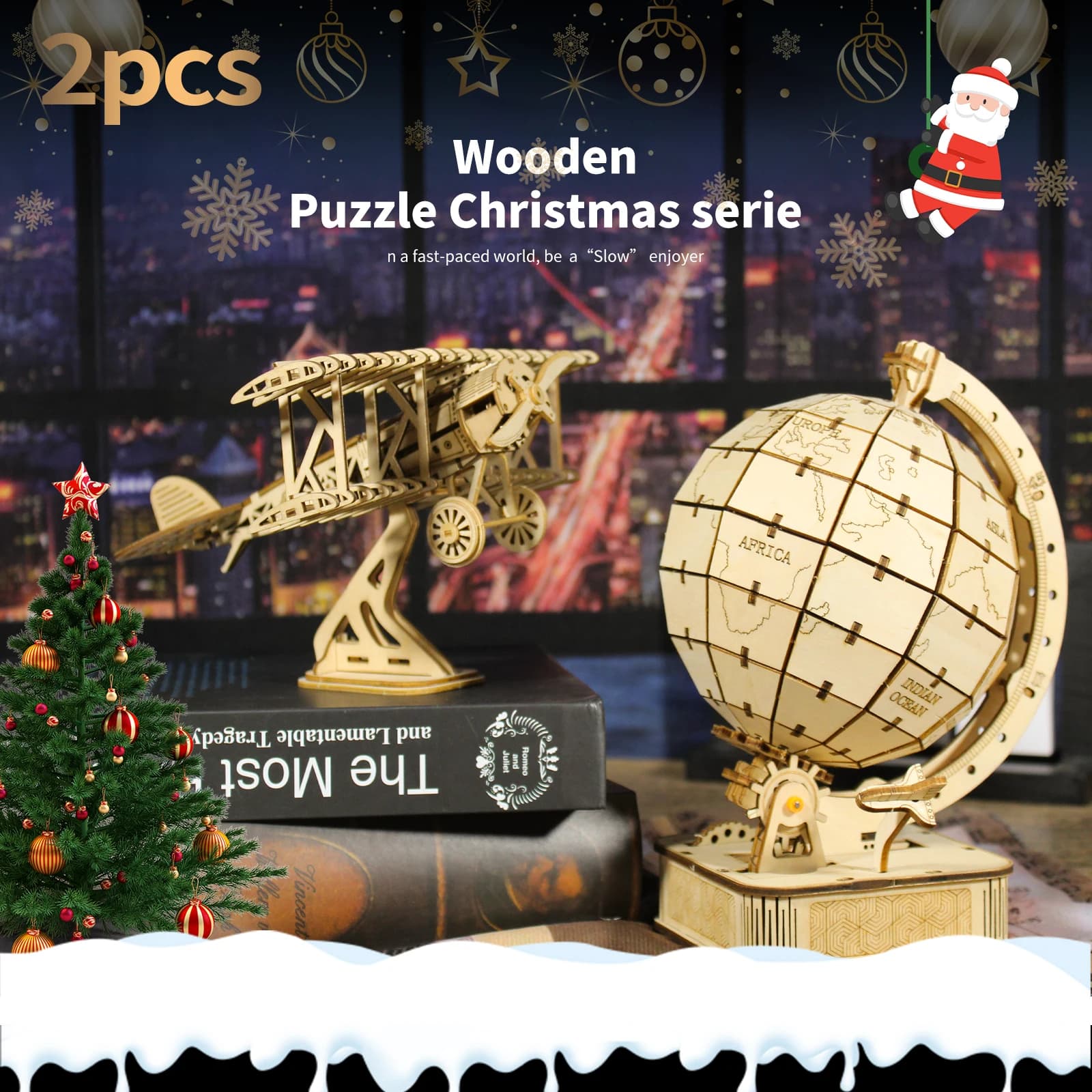 2 pezzi puzzle in legno 3D in legno fai da te artigianale biplano e globo. Kit modello Regali di Natale di compleanno fatti a mano