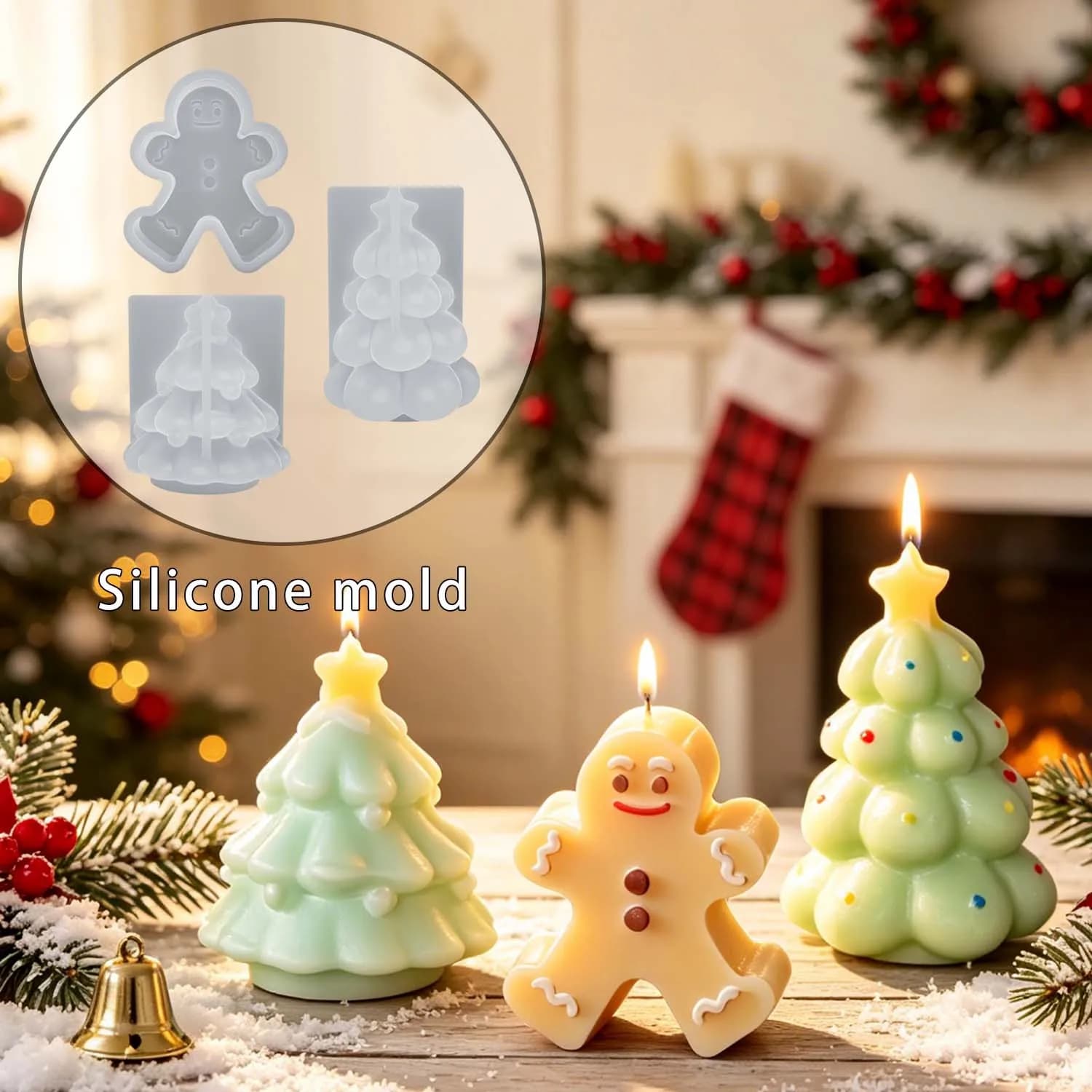 3D Gingerbread Man Christmas Tree Silicone Candle Mold, Xmas Aromatherapy Soap Resin Plaster Mould DIY Holiday Handmade Craft