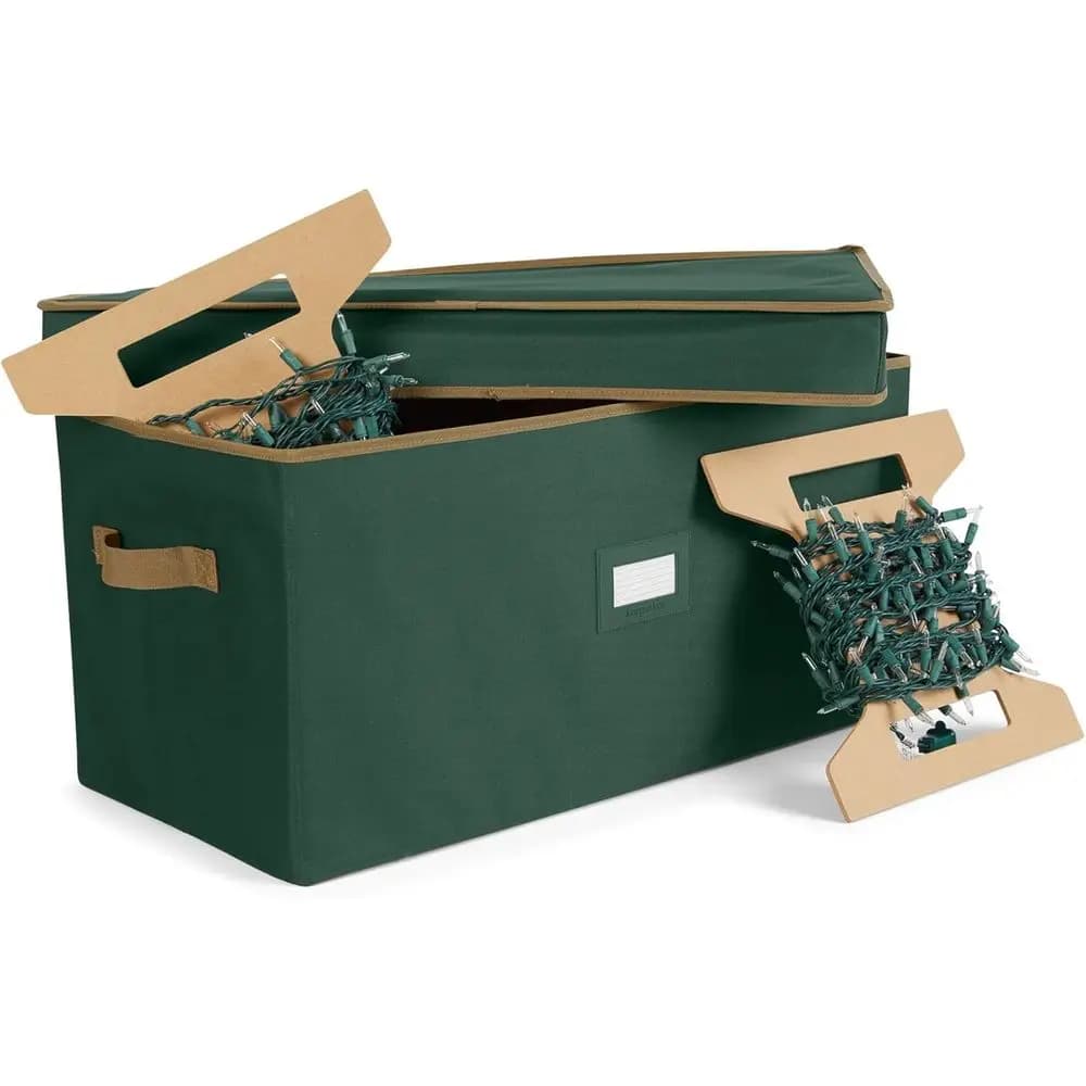 Durable Polyester Christmas Light Storage Box with Handles and ID Window, Green