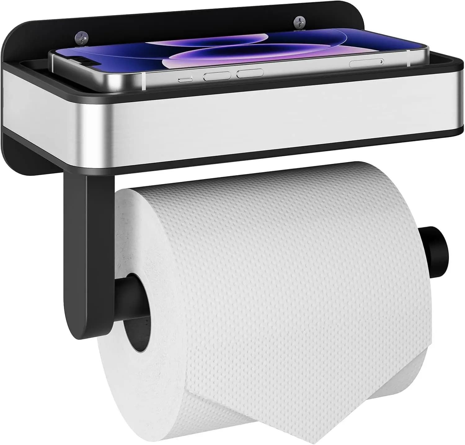 Toilet Paper Holder with Shelf, Adhesive & Screw Wall Mount, Matte Black, Space-Saving for Bathroom RV, 7.1" W