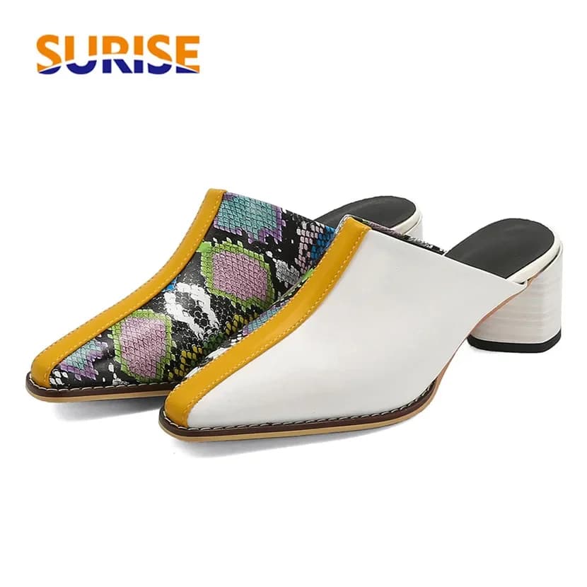 Pantofole da donna di colore misto bianco nero Patchwork di pelle di serpente sandali con tacco alto Summer Party Ladies Slip-on Square Toe Mules