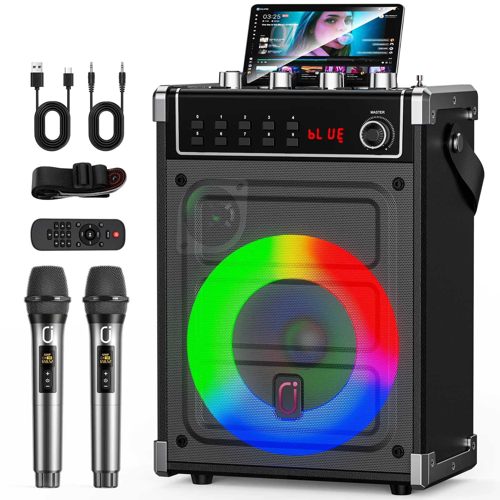 Macchina per karaoke JYX con 2 microfoni wireless UHF, altoparlante Bluetooth con regolazione dei bassi/agli/eco e luce LED