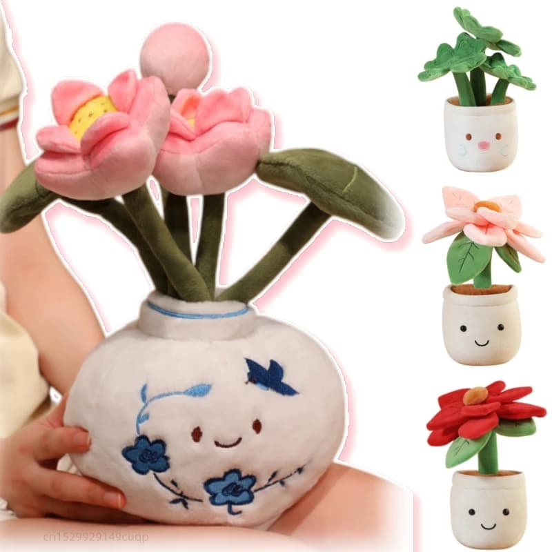 20cm Cartoon Potted Plant Plush Doll Lotus Lucky Grass Pink Red White Flower Vase Plush Toy Home Decoration Gift For Children