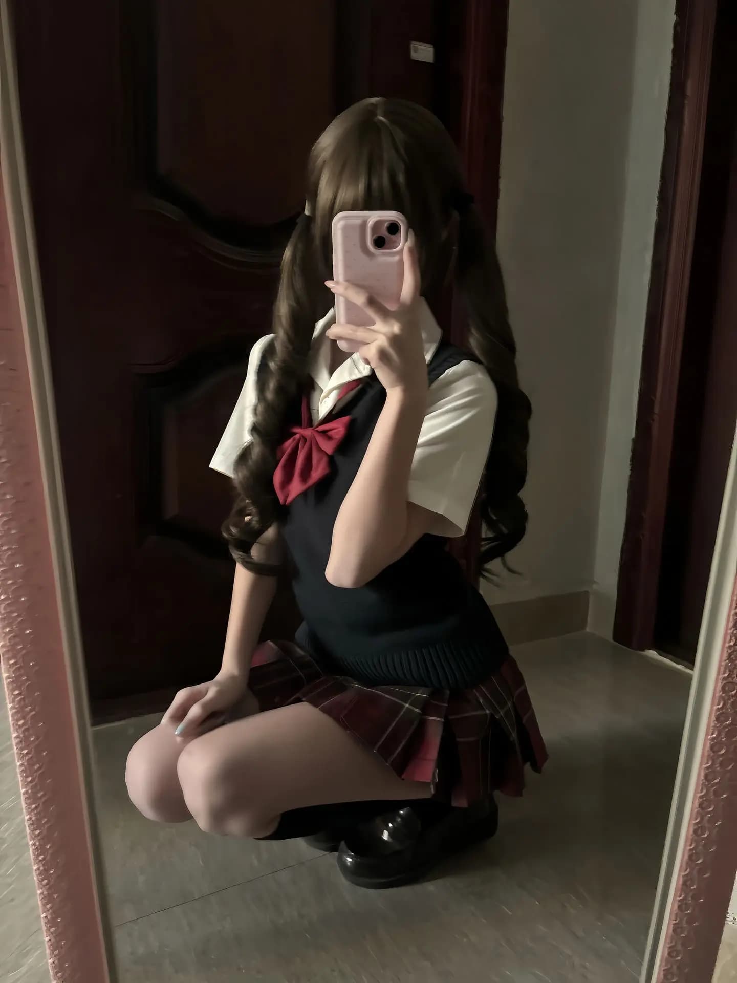 Original Hibiscus Red JK Uniform Skirt Set Women's Spring Summer Short Sleeve Blouse Vest Ensemble College Style Checkerboard